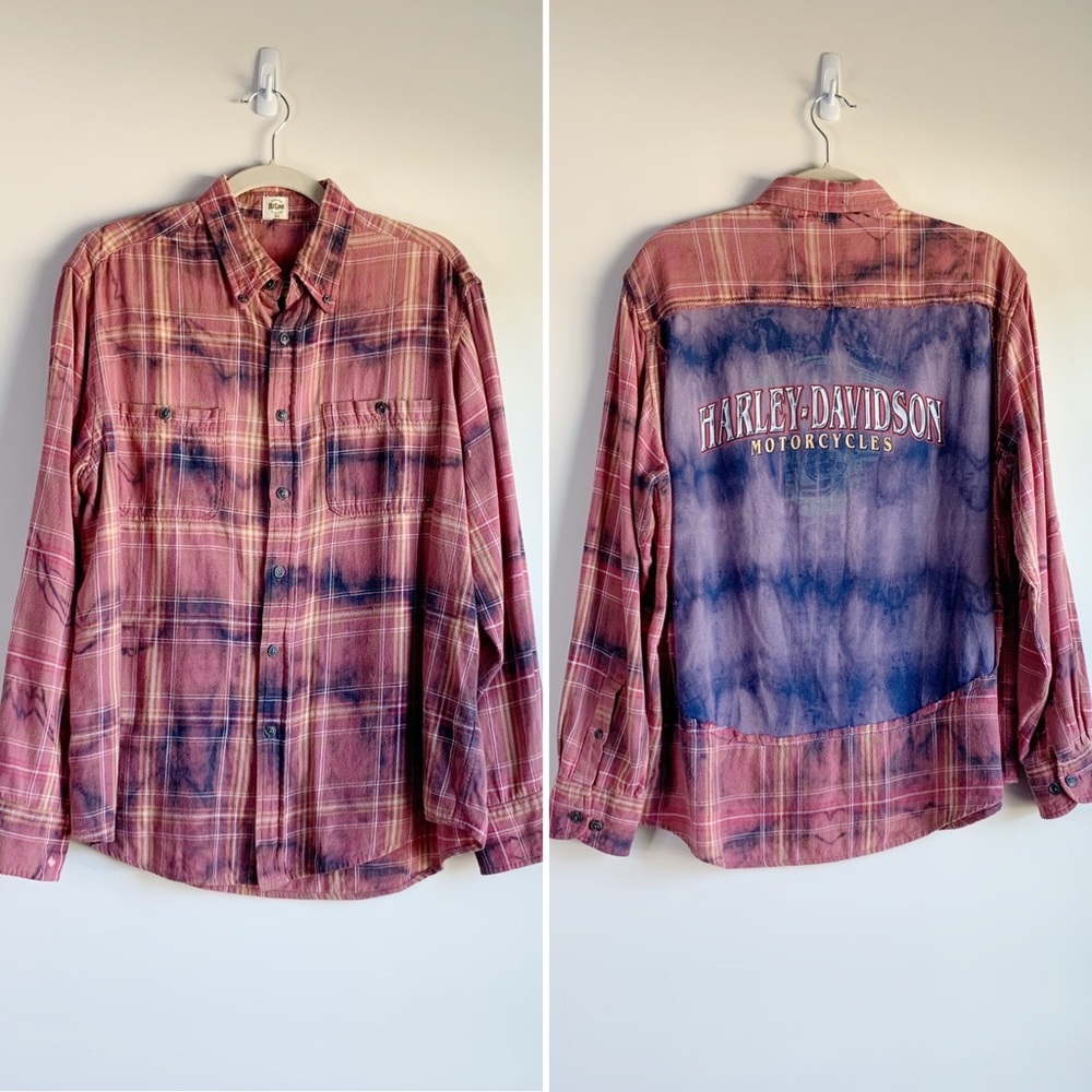 RELOVE Handmade Upcycled Harley Davidson Plaid Flannel Button Down Pink Size XS